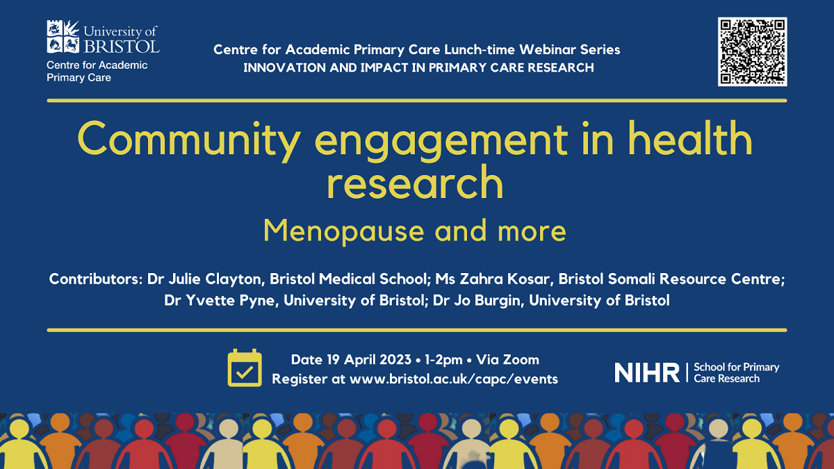 Community engagement in health research: menopause and more, 19 April 2023, webinar advert